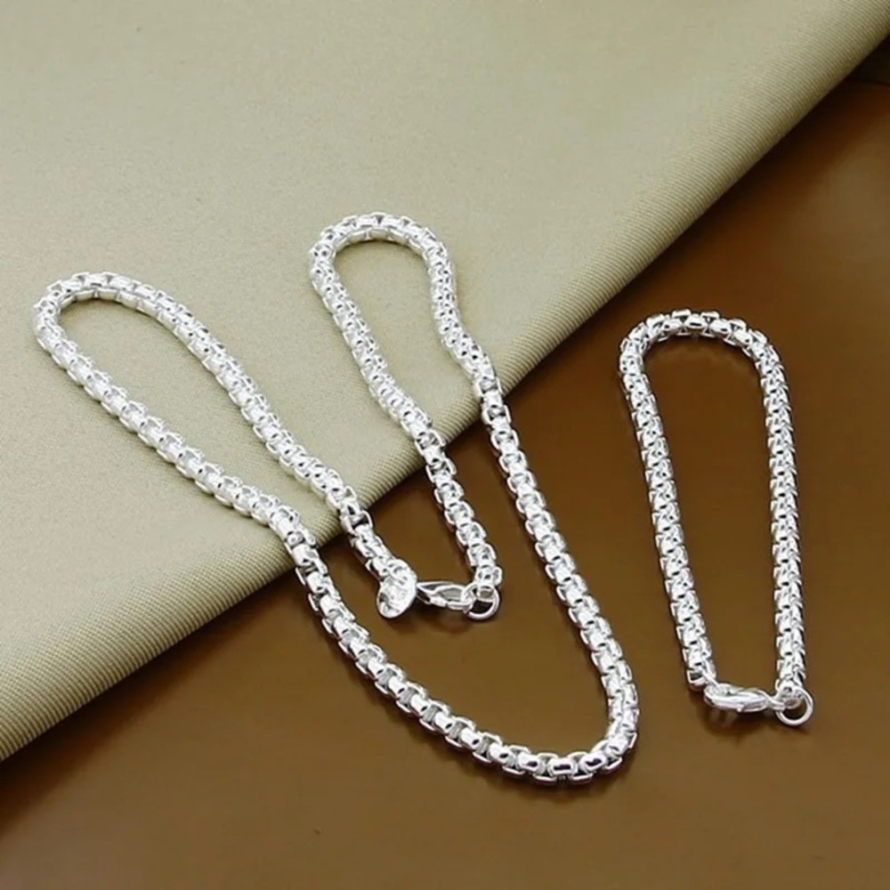 2 pcs 925 Sterling Silver 4mm Round Box Chain Necklace Bracelet